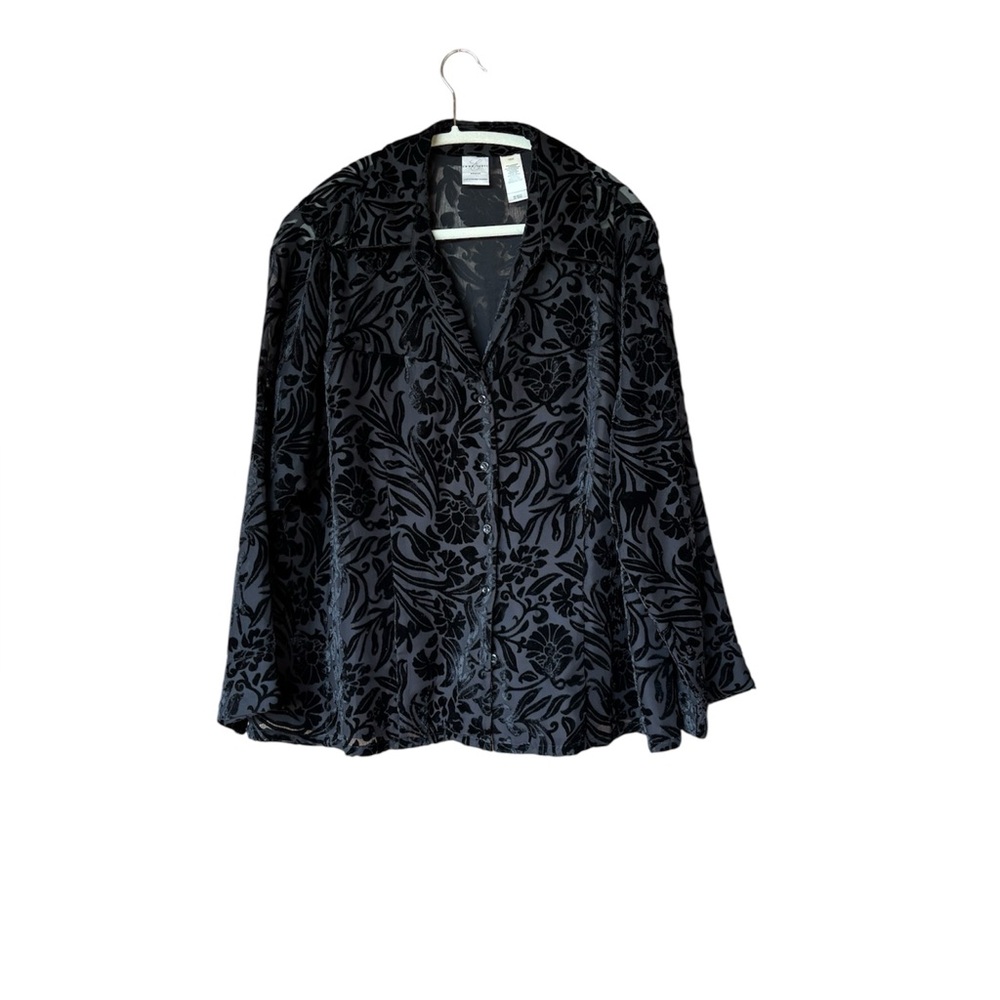 Emma James Woman Liz Claiborne Black Burnout Velvet‎ Blouse Top 16W Floral Sheer